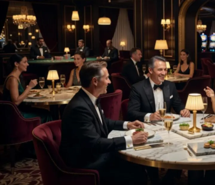 Cinematická scéna večerní akce v luxusní restauraci s kasinovým lounge