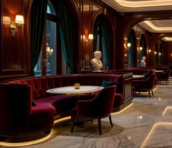Luxusní interiéry restaurace a lounge Plzeria s temným dřevem, sametem a náladovým osvětlením