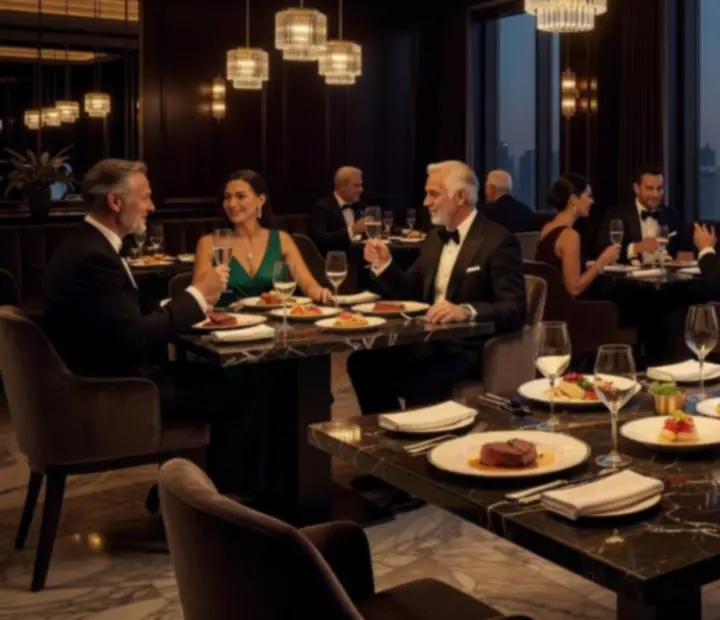 Noční interiér luxusní restaurace a lounge Plzeria s ambientním osvětlením a hosty u stolů