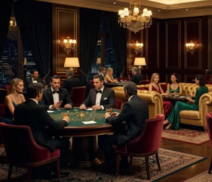 Stylový casino-inspirovaný lounge večer s hosty u herních stolů a koktejlů
