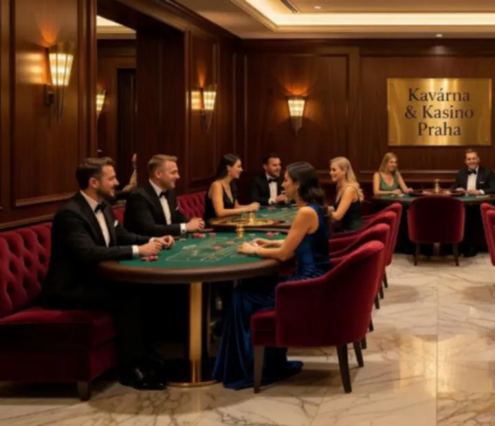 Luxusní casino-inspirovaný lounge s herními stoly a ambientním osvětlením
