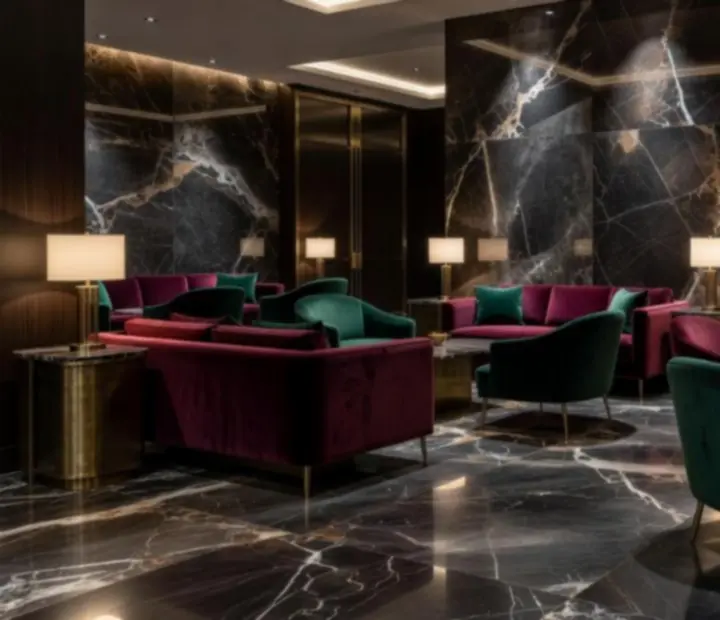 Interiér lounge s mramorovými detaily, mosazí a ambientním osvětlením