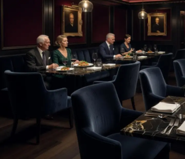 Cinematičný interiér restaurace Plzeria s tlumeným světlem a luxusním sezením